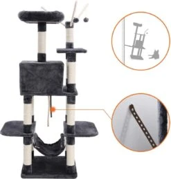 XXL Luxe Katten Krappaal Met Hangmat & Katten Huisjes - Activity Center - Grote Krappaal Klimpaal Met Speelset - Krabmeubel 154 CM Hoog - Grijs -Kattenbenodigdheden 1145x1200 5