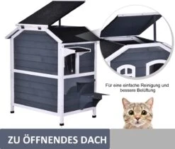 PawHut Kattenhuis Voor Buiten Kattenhut Met 2 Verdiepingen Kattenvilla, Asfaltdak, Massief Hout Grijs D30-236 22 PawHut Kattenhuis Voor Buiten Kattenhut Met 2 Verdiepingen Kattenvilla, Asfaltdak, Massief Hout Grijs D30-236 -Kattenbenodigdheden 1200x1026