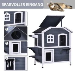 PawHut Kattenhuis Voor Buiten Kattenhut Met 2 Verdiepingen Kattenvilla, Asfaltdak, Massief Hout Grijs D30-236 19 PawHut Kattenhuis Voor Buiten Kattenhut Met 2 Verdiepingen Kattenvilla, Asfaltdak, Massief Hout Grijs D30-236 -Kattenbenodigdheden 1200x1130 3