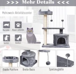 PawHut Kattenboom 3 Verdiepingen Krabpaal Kattengrot Met Sisal Palen Krabplank Pluche D30-258 -Kattenbenodigdheden 1200x1170 8