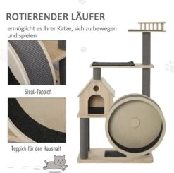 PawHut Kattenboom Met Loopwiel Krabpaal Met 4 Verdiepingen Kattenhuis Met Sisalpalen Massief Hout D30-303 -Kattenbenodigdheden 1200x1190 20