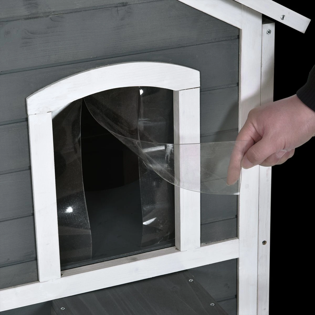 PawHut Kattenhuis Voor Buiten Kattenhut Met 2 Verdiepingen Kattenvilla, Asfaltdak, Massief Hout Grijs D30-236 5 PawHut Kattenhuis Voor Buiten Kattenhut Met 2 Verdiepingen Kattenvilla, Asfaltdak, Massief Hout Grijs D30-236 - Afbeelding 3