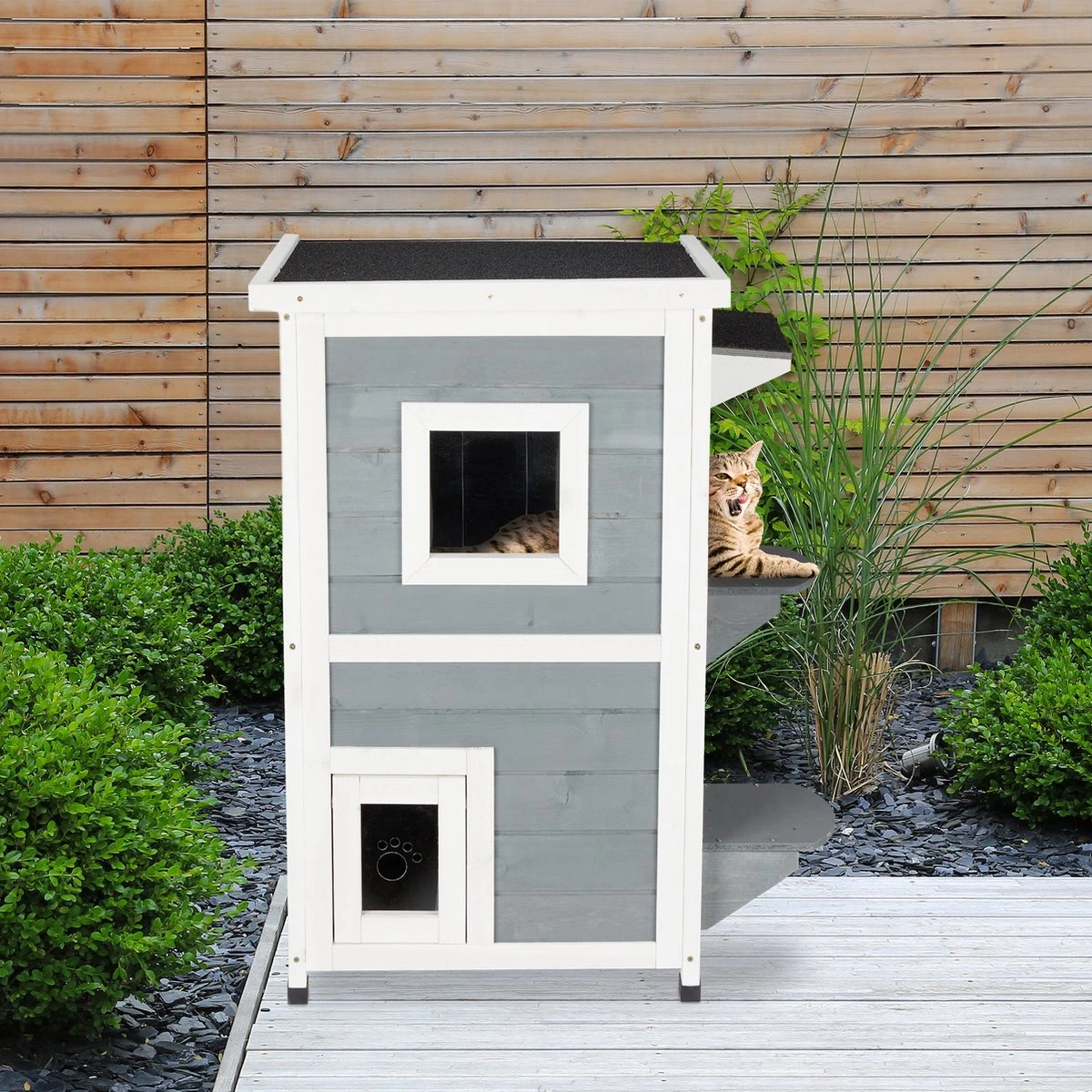 Relaxdays Kattenhuis Buiten - Groot Kattenhok Binnen - Hoog Kattenmeubel Grijs Hout - Tuin 11 Relaxdays Kattenhuis Buiten - Groot Kattenhok Binnen - Hoog Kattenmeubel Grijs Hout - Tuin - Afbeelding 9