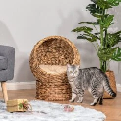 PawHut Kattenmand Rotan Kattennest Kattenbed Met Kussen Huisdierbed Bruin D30-104 -Kattenbenodigdheden 1200x1200 665
