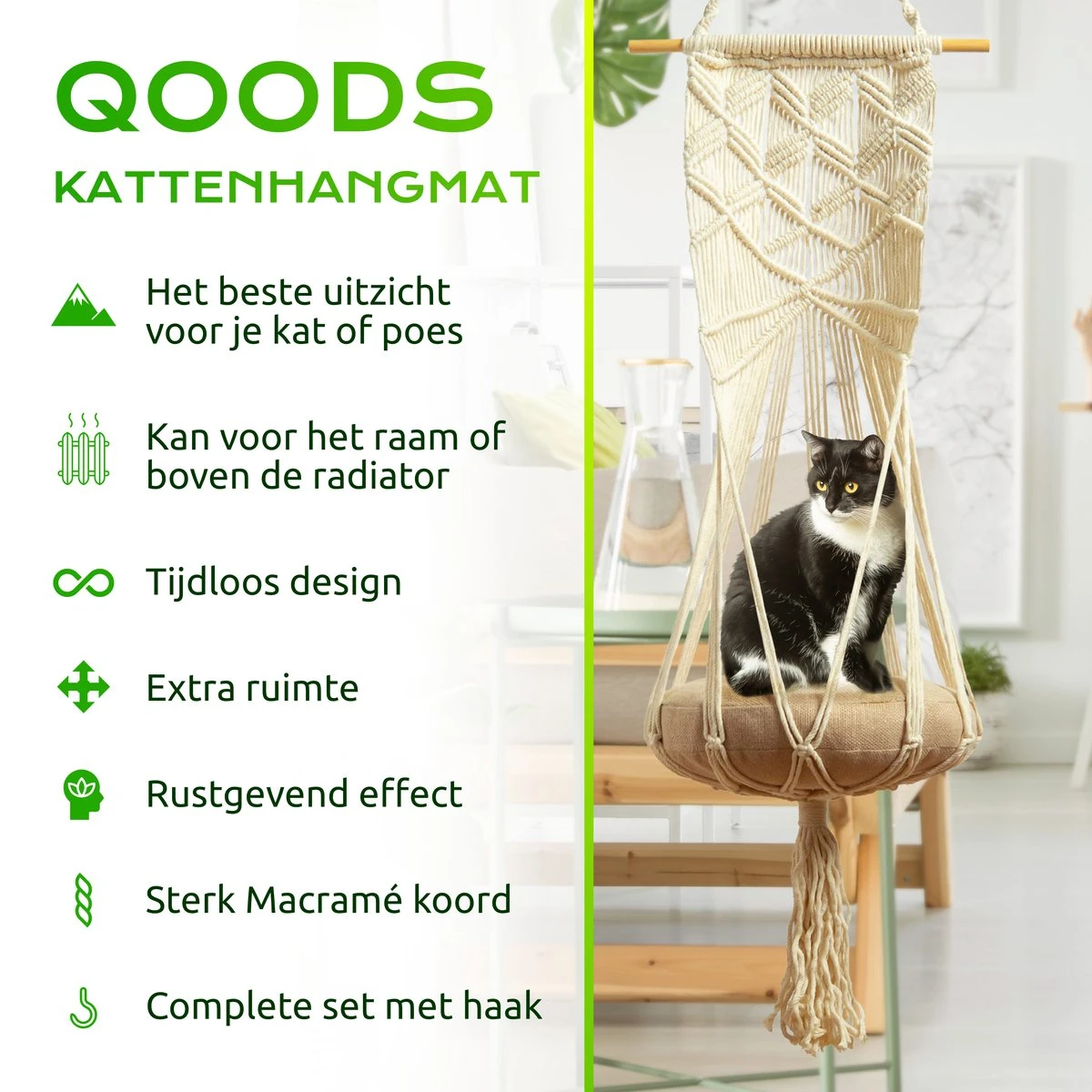 Qoods Kattenhangmat Macramé - Hangende Kattenmand Raam Of Radiator - Kattenbed - Poezenmand 4 Qoods Kattenhangmat Macramé - Hangende Kattenmand Raam Of Radiator - Kattenbed - Poezenmand - Afbeelding 2