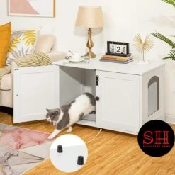 Merkloos Signature Home Wittykitty Kattenbak - Kattenkast - Kattenbakkast - Kattenhuis Met Deur En Aparte Scheidingswand - Kattenbak Opbergdoos - Wit - 80 X 54 X 50.5 Cm -Kattenbenodigdheden 1200x1200 830