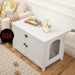 Merkloos Signature Home Wittykitty Kattenbak - Kattenkast - Kattenbakkast - Kattenhuis Met Deur En Aparte Scheidingswand - Kattenbak Opbergdoos - Wit - 80 X 54 X 50.5 Cm -Kattenbenodigdheden 1200x1200 832