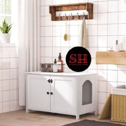 Merkloos Signature Home Wittykitty Kattenbak - Kattenkast - Kattenbakkast - Kattenhuis Met Deur En Aparte Scheidingswand - Kattenbak Opbergdoos - Wit - 80 X 54 X 50.5 Cm -Kattenbenodigdheden 1200x1200 833