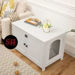 Merkloos Signature Home Wittykitty Kattenbak - Kattenkast - Kattenbakkast - Kattenhuis Met Deur En Aparte Scheidingswand - Kattenbak Opbergdoos - Wit - 80 X 54 X 50.5 Cm -Kattenbenodigdheden 1200x1200 834