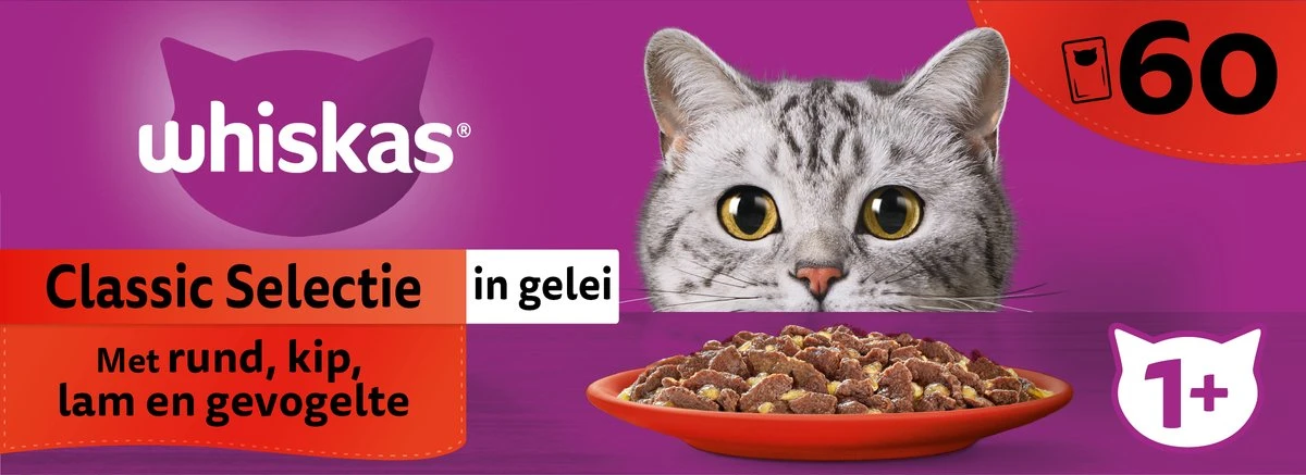 Whiskas 1+ Natvoer - Classic - Selectie In Gelei - Maaltijdzakjes 60 X 85 G 4 Whiskas 1+ Natvoer - Classic - Selectie In Gelei - Maaltijdzakjes 60 X 85 G - Afbeelding 2