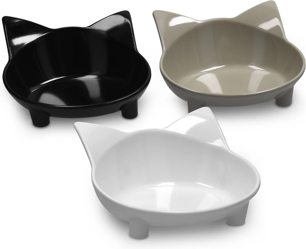 Navaris Voerbakjes Voor Katten - Set Van 3 Voer- En Waterbakken - Met Kattenkopjes Vorm - Antislip - Etensbakjes In Grijs, Wit En Zwart 7 Navaris Voerbakjes Voor Katten - Set Van 3 Voer- En Waterbakken - Met Kattenkopjes Vorm - Antislip - Etensbakjes In Grijs, Wit En Zwart - Afbeelding 5