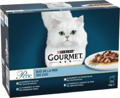 Gourmet Perle Duo – Kattenvoer Natvoer - Met Zalm En Koolvis, Zalm En Witvis, Zeevis En Tonijn, Sardine En Tonijn – 48 X 85 Gr -Kattenbenodigdheden 1200x983
