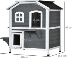 PawHut Kattenhuis Voor Buiten Kattenhut Met 2 Verdiepingen Kattenvilla, Asfaltdak, Massief Hout Grijs D30-236 17 PawHut Kattenhuis Voor Buiten Kattenhut Met 2 Verdiepingen Kattenvilla, Asfaltdak, Massief Hout Grijs D30-236 -Kattenbenodigdheden 1200x983 3