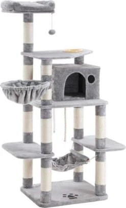 Merkloos Stevige Krabpaal Met Kattenbak, Met Sisal Omwikkelde Krabpunten, Mand En Grot, Klimboom Voor Katten 164 Cm Hoog, Lichtgrijs PCT99W -Kattenbenodigdheden 731x1200