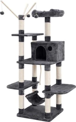 XXL Luxe Katten Krappaal Met Hangmat & Katten Huisjes - Activity Center - Grote Krappaal Klimpaal Met Speelset - Krabmeubel 154 CM Hoog - Grijs
