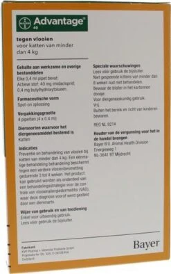 Bayer Advantage 40 Tegen Vlooien - <4kg - 4 X 0,4 Ml - Adult 30 Bayer Advantage 40 Tegen Vlooien - <4kg - 4 X 0,4 Ml - Adult -Kattenbenodigdheden 752x1200